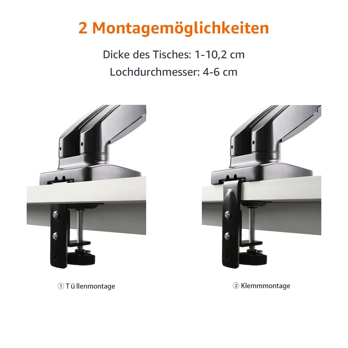 Amazon Basics Dual-Monitorarm mit Gasdruckfeder, Schreibtischmontage, Einstellbare Spannung, für 15–27 Zoll (38,1cm–68,6cm) Monitore, Trägt 2,0kg–7,0 kg pro Arm, VESA 75x75/100x100, Schwarz