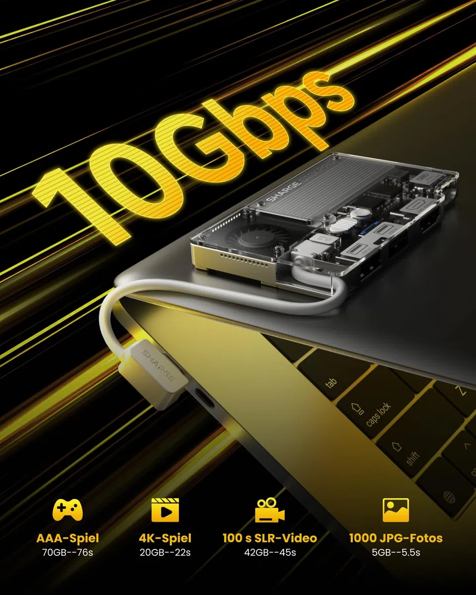 sharge Disk Pro 1TB Tragbare SSD mit Aktivkühlung, 4-Port Hub mit HDMI 2.1, USB-C 10 Gbps Kabel, Magnetische Externe SSD für MacBook, PC, PS5, Steam Deck