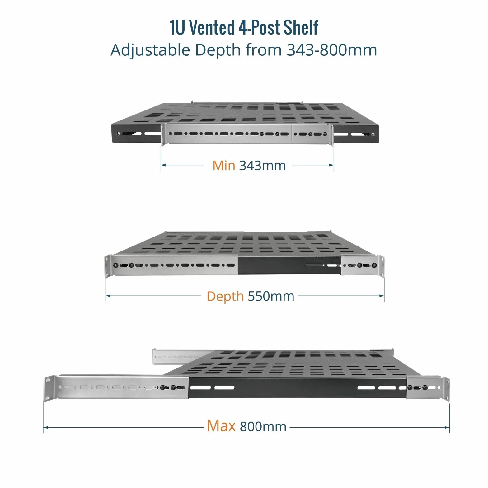 Tecmojo 1HE Fachboden, 19 Zoll 550 mm Tief, Variabele Tiefe von 343 mm bis 800 mm, Zum Festeinbau, verstellbare, belüftete Server-Rack-Einbauablage, Traglast 110 kg
