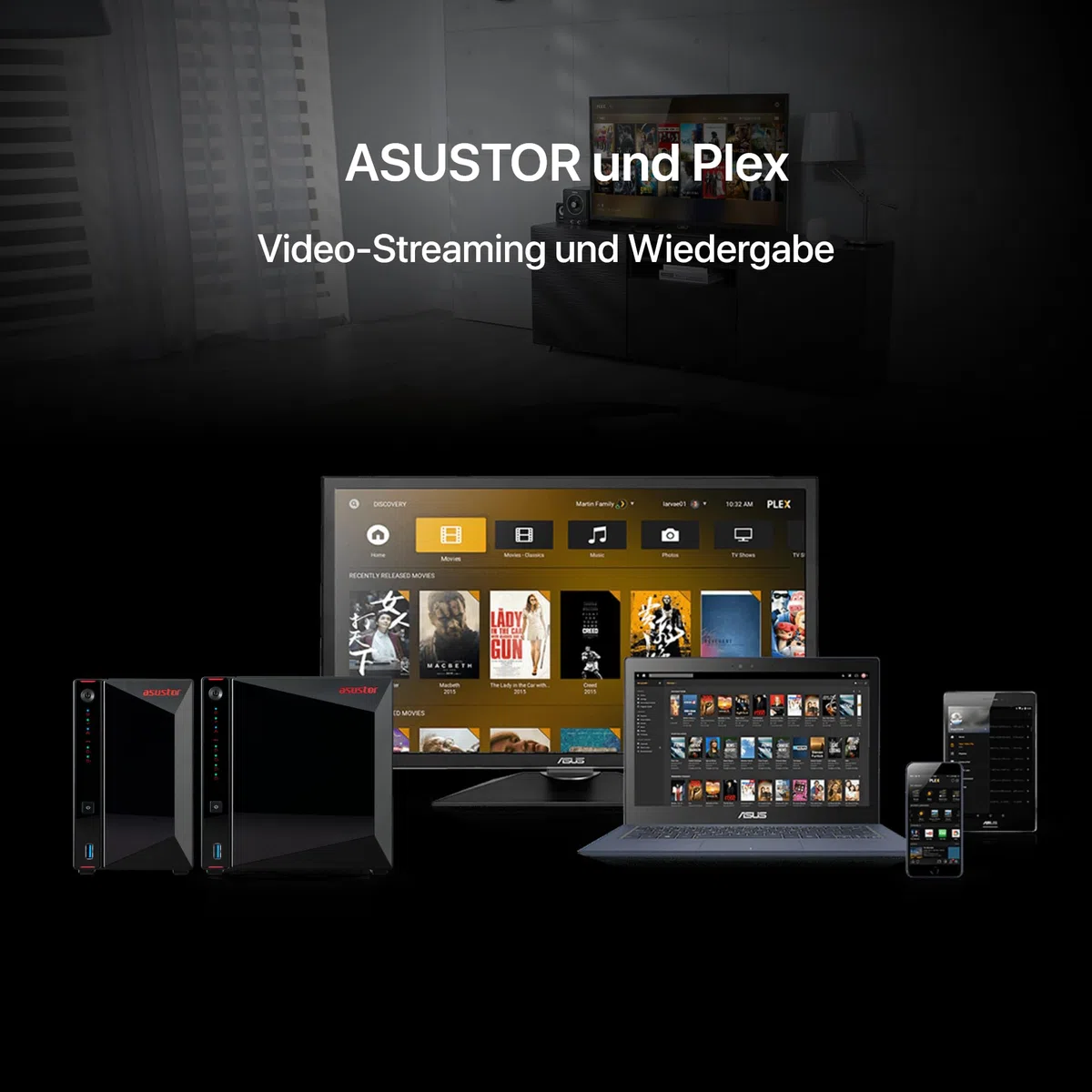 Asustor AS5404T Nimbustor 4 Gen2-4 Bay NAS Netzwerkspeicher Gehäuse, Quad-Core 2,0GHz CPU, 4xM.2 NVMe SSD Steckplätze, 2x2,5GbE Anschlüsse, 4GB DDR4 RAM, Gaming-Inspirierten NAS