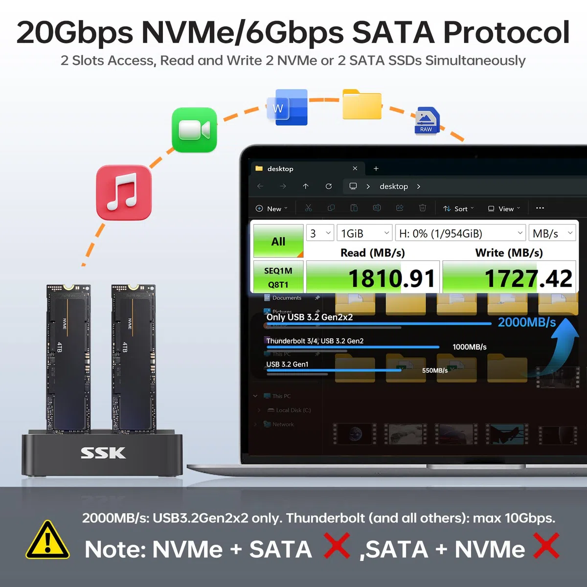 SSK M.2 NVMe SATA SSD Klonen Docking Station, 20Gbps USB 3.2 Gen 2x2 Festplatten Dockingstation, Dual Bay M.2 SSD Gehäuse, USB Adapter für M-Key-/B+M-Key PCIe SSD Reader mit Offline-Klonfunktion