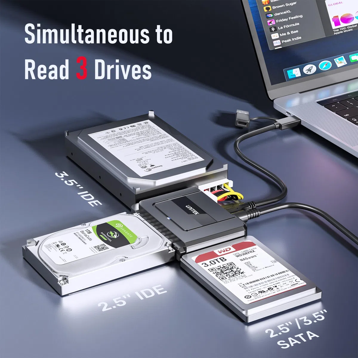 UNITEK IDE SATA Adapter auf USB, Externe Festplattenadapter für 2,5 3,5 Zoll HDD SSD, USB-C-Datenkabel mit USB-A Adapter und 12 V/2 A Netzadapter im Lieferumfang enthalten