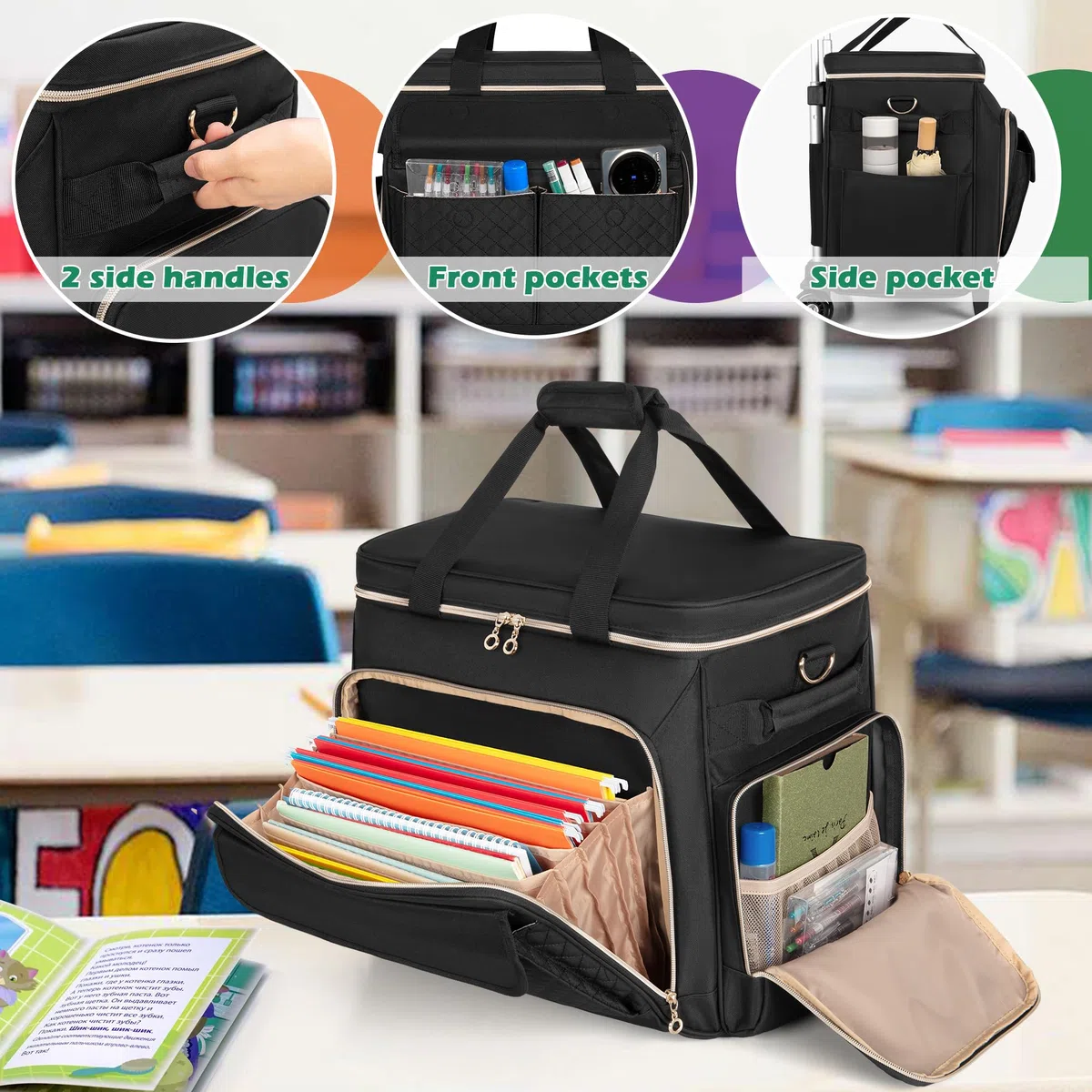 Luxja Lehrertasche Damen Groß, Lehrertasche Trolley, Lehrertrolley für Reisen & Schule, Rollende Laptoptasche Frauen mit Rädern, Schwarz