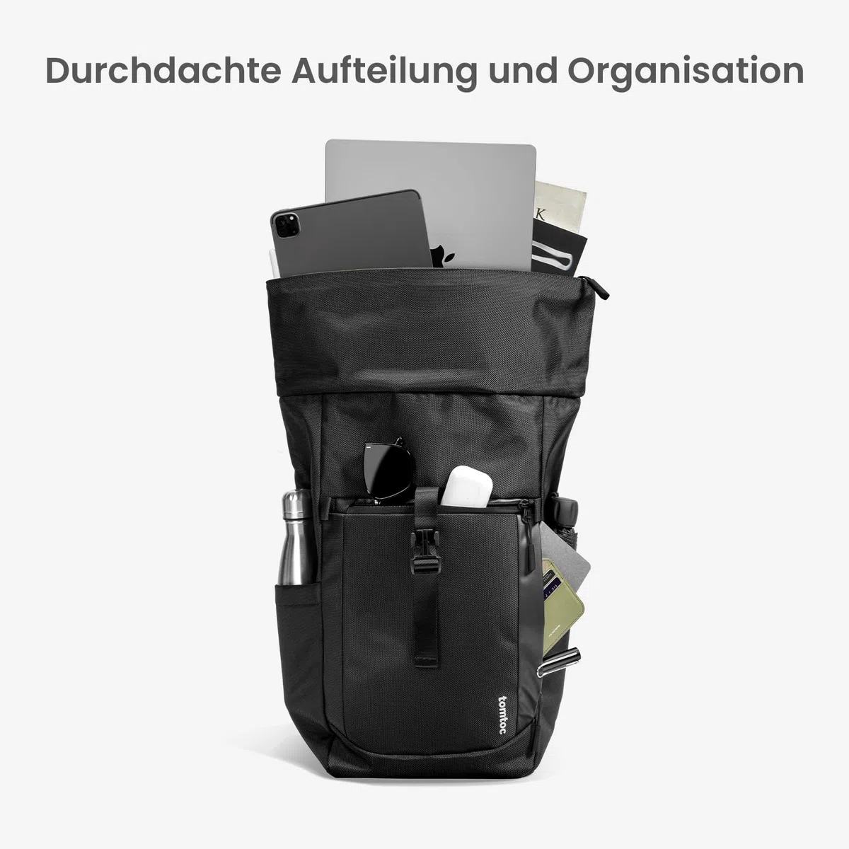 tomtoc Rolltop Rucksack Herren Damen 25L-30L Wasserdicht Schulrucksack Tagesrucksack mit 17,3 zoll Laptopfach, Groß Laptop Travel Backpack Daypack für Uni, Arbeit, Fahrrad, Reisen und Wandern, Schwarz