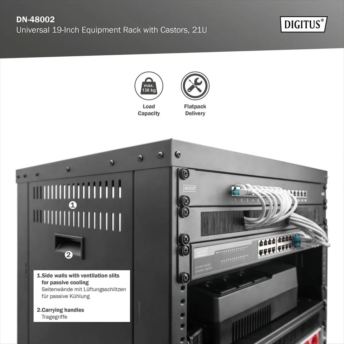 DIGITUS Universal 19 Zoll Rack – 21HE – Audio-Rack – Unmontiert – Schwarz | 457,8 mm Nutztiefe – EU oder US-Schraubgewinde – 136 kg Traglast – Mit Rollen und 1HE Blindpanel