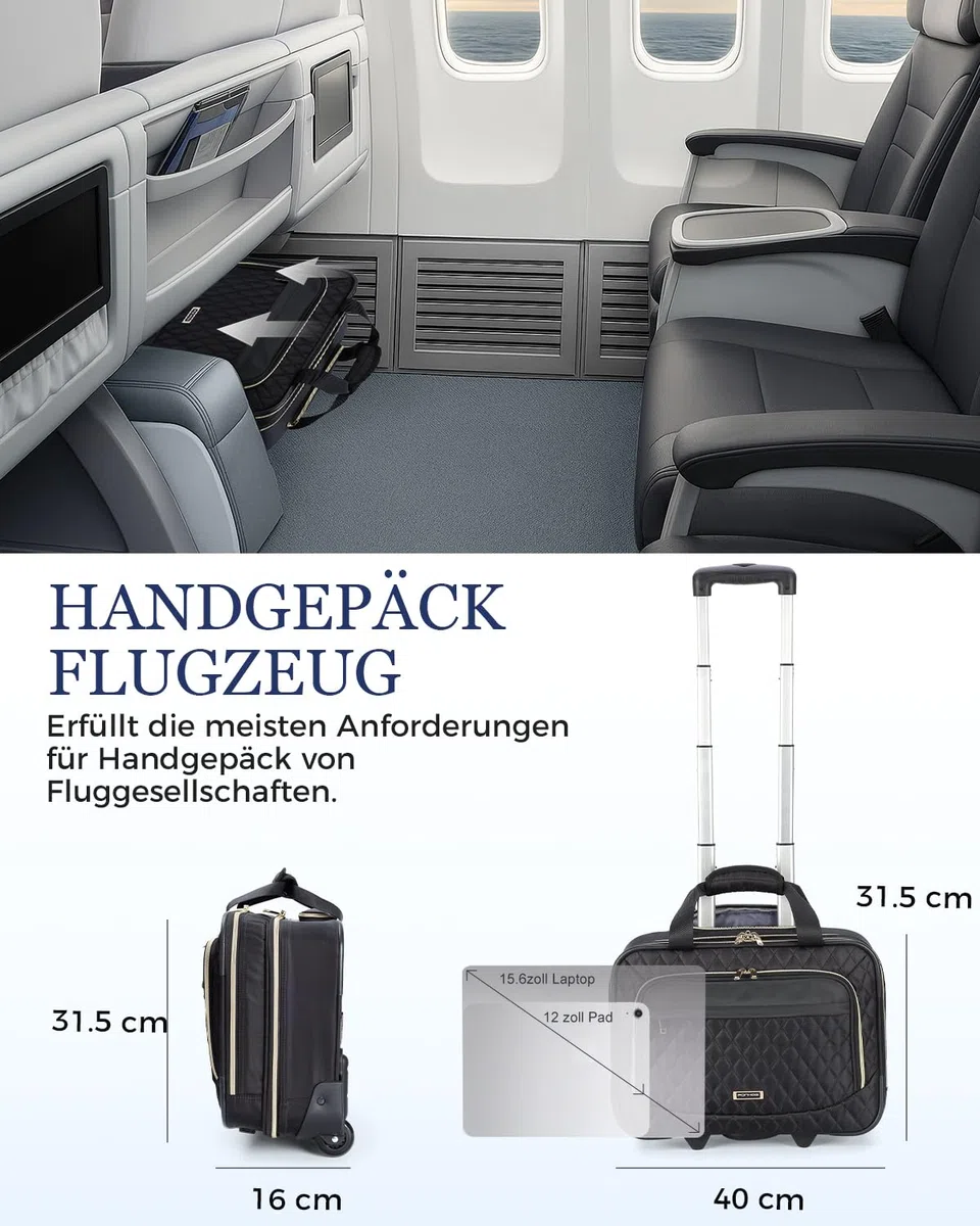 Ponhog Bussiness Laptop Trolley mit Rollen für Damen,Trolley Laptoptasche 15,6 Zoll wasserdichte Aktentasche für Reisen, Arbeit, Schule, Schwarz