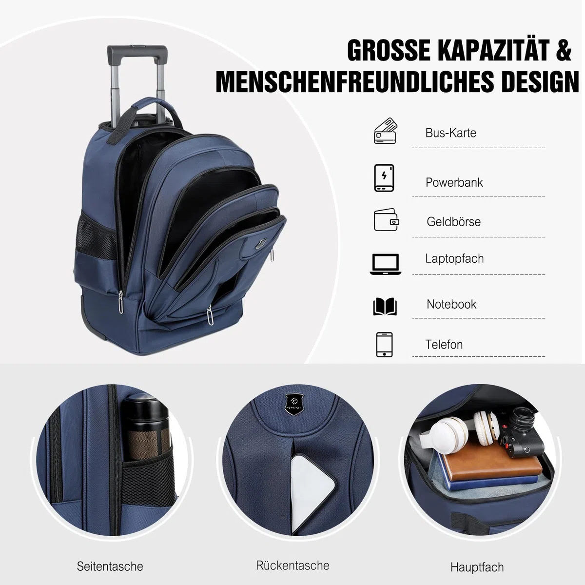 FANDARE 35L Laptop-Trolleys Herren Rollerrucksack 2 IN 1 Business Wandlungsrucksack Reiserucksack mit Rollen Trolley-Rucksack Rollen Handgepäck Notebook bis 15.6 Zoll Arbeit Aaktenkoffer Schwarz