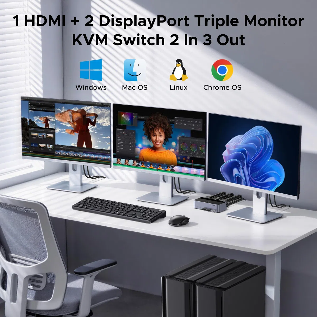UGREEN HDMI+Displayport KVM Switch 2 PC 3 Monitore 8K60Hz mit 4 USB 3.0 Ports, Tasten- und Desktop-Controller Umschaltung Kompatibel mit Windows/Linux usw.