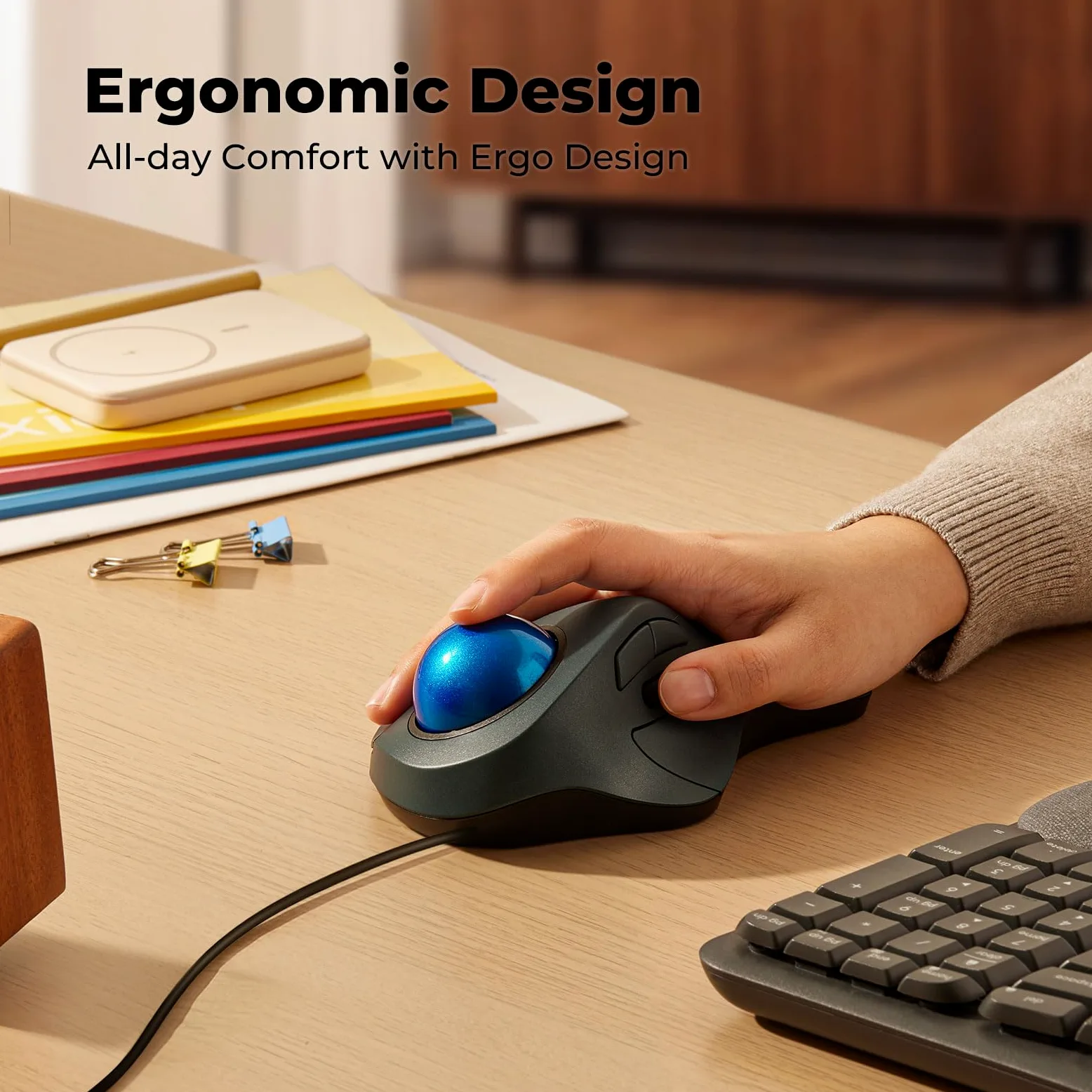 Kabelgebundene Trackball-Maus für große Hände, ergonomisches Design reduziert Belastung von Handgelenk und Muskeln, präzises Tracking mit einfacher Zeigefingersteuerung, kompatibel mit PC