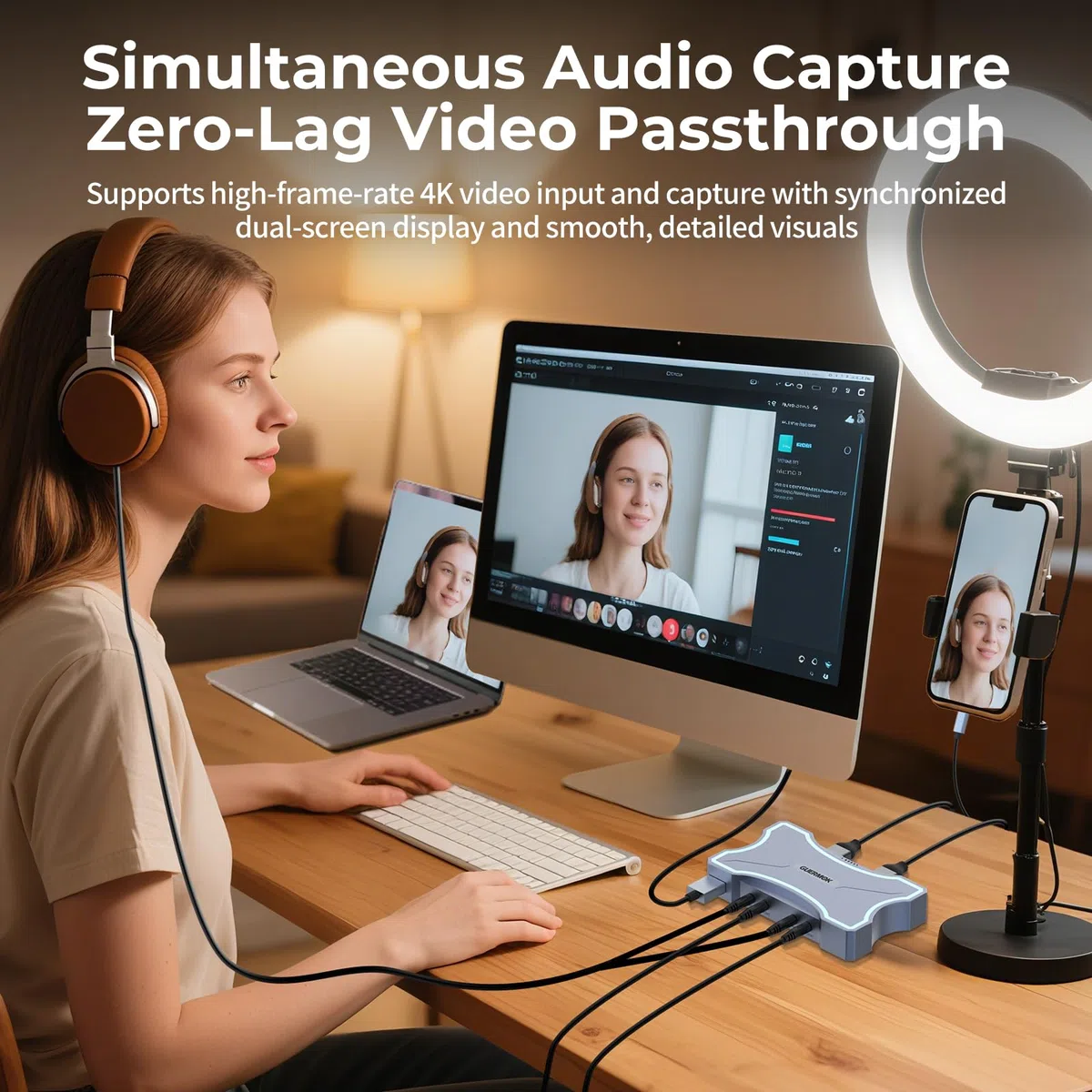 Guermok 4K HDMI Capture Card with Touch LED, Dual HDMI In/Loop-Out, USB 3.0, 4K@60Hz/ 2K@144Hz Video Capture, Mic/Line In, 4K60 Passthrough, Efficient Cooling, Streaming and Gaming for Switch2/1