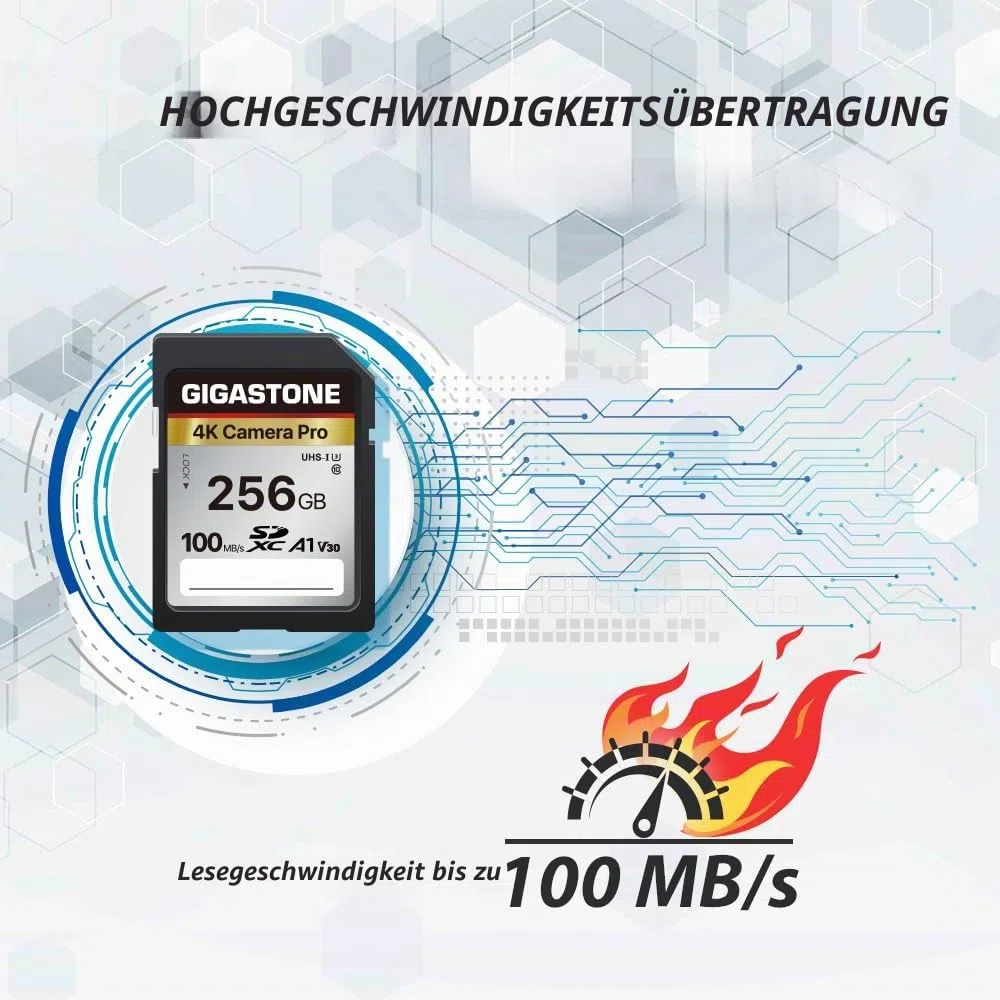 GIGASTONE 256GB SDXC Speicherkarte, 4K Kamera Pro, bis zu 100 MB/S, Digitalkameras Canon Sony Nikon Olympus, A1 UHS-I U3 V30 Klasse 10, 4K UHD Videoaufnahmen