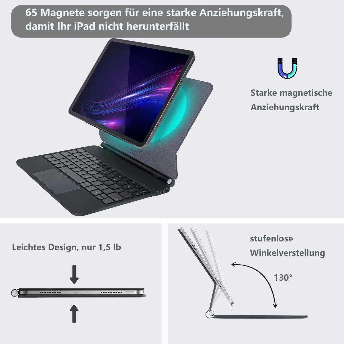 Magic Keyboard für iPad Pro 12,9-Zoll (3., 4., 5. und 6. Gen), Tastatur für iPad Air 13'' (M2 2024/M3 2025/M4 2026), Magnetischer Ständer, Präzisions-Trackpad,Reihe mit Funktionstasten, QWERTZ Deutsch
