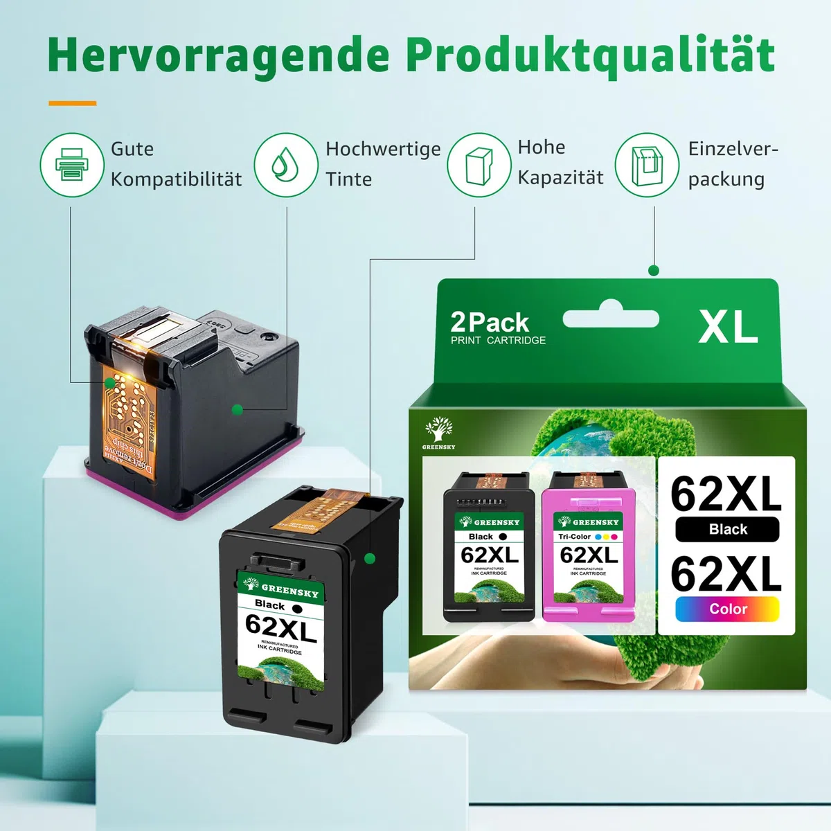 GREENSKY 62XL Kompatibel Ersatz für HP 62 Druckerpatronen 62 XL 62XL schwarz und Farbe Patronen für HP OfficeJet 250 200 5740 5742 Envy 5540 5548 7640 5640 5646 (1 Schwarz, 1 Farbe)