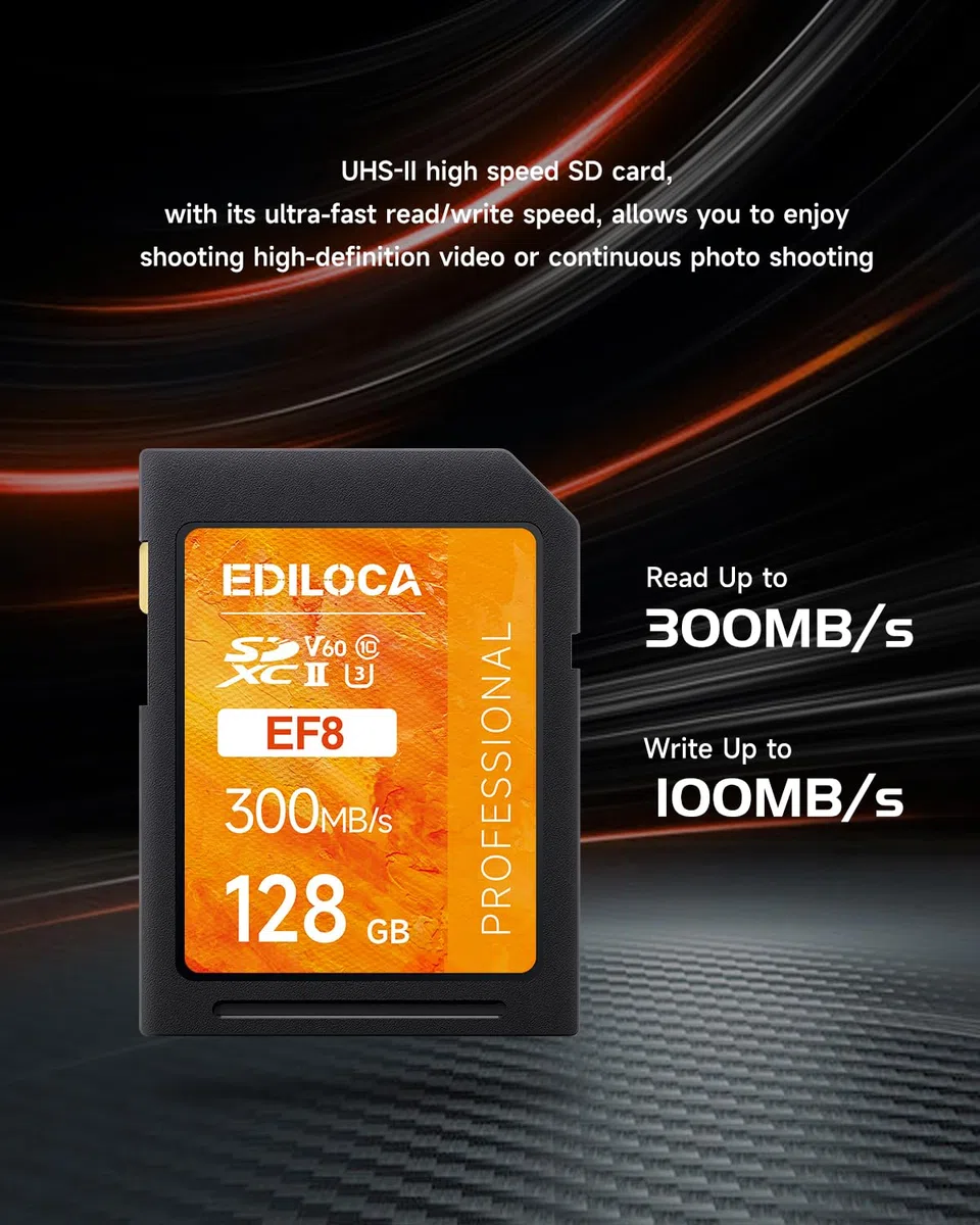 SD Karte UHS II SDXC 128GB 2er-Pack, Profi Speicherkarte SD mit Bis zu 300 MB/s Lesen & 100 MB/s Schreiben, V60, U3, Class 10 – 4K/6K Video, DSLR, Gaming, Actionkameras (EF8 128GB-2 Pack)