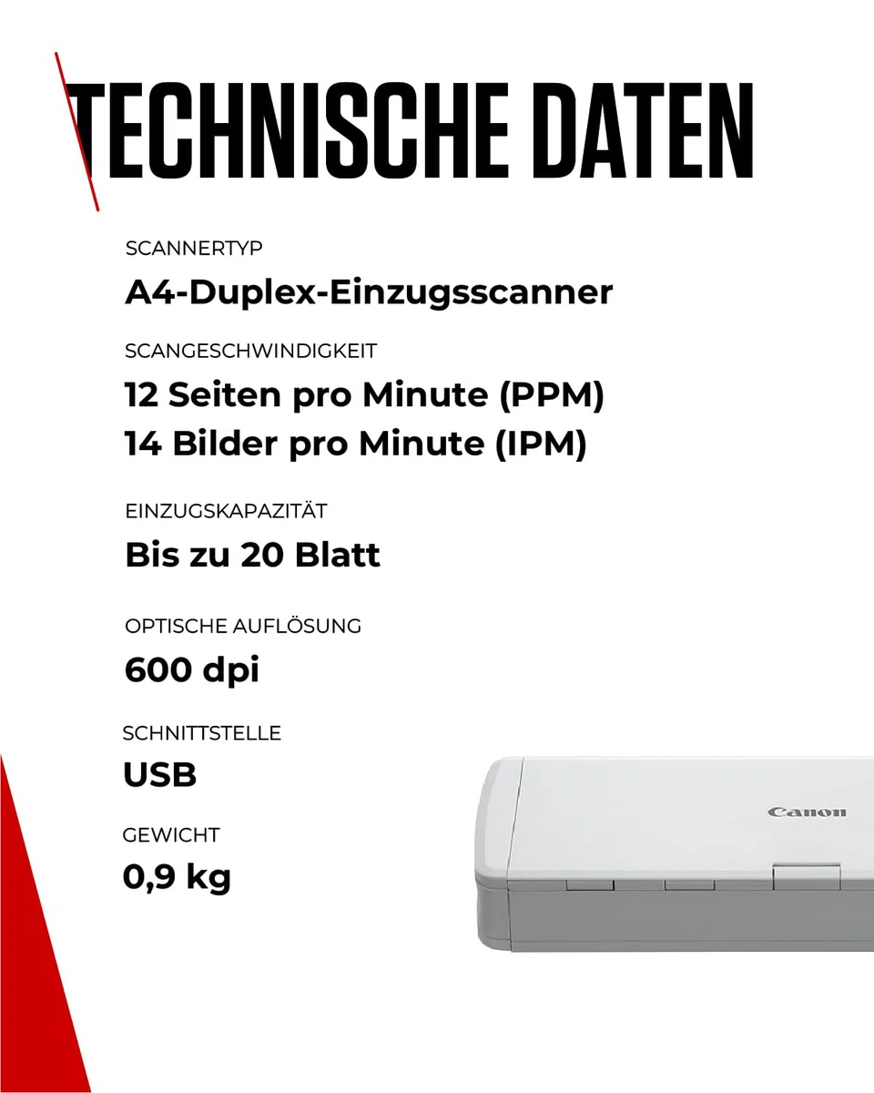 Canon Scanner imageFORMULA R10 Mobiler Duplex Scanner | Dokumentenscanner | USB Kabel | Bis zu 12 Seiten pro Min | 20 Blatt Einzug | CaptureOnTouch Lite Software I OCR | durchsuchbare PDF