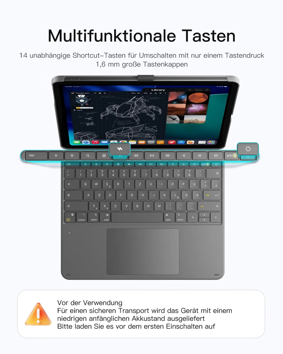 Inateck Tastatur Hülle für iPad Air 13 Zoll (2026/2025/2024,M4/M3/M2),Tastatur für ipad Pro 12.9 Zoll,6" Großes Trackpad,Abnehmbar,QWERTZ,7 Farben Hinterleuchtet,mit Stifthalter,AceTouch