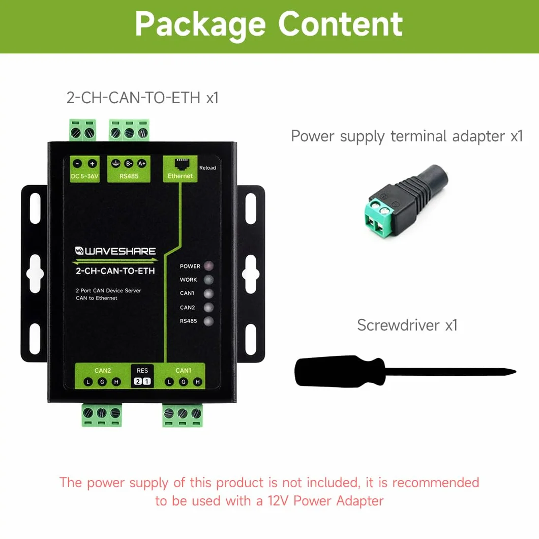 Waveshare 2-Channel CAN Bus to Ethernet Gateway Server RS485 Industrial Protocol Converter DIN-Rail