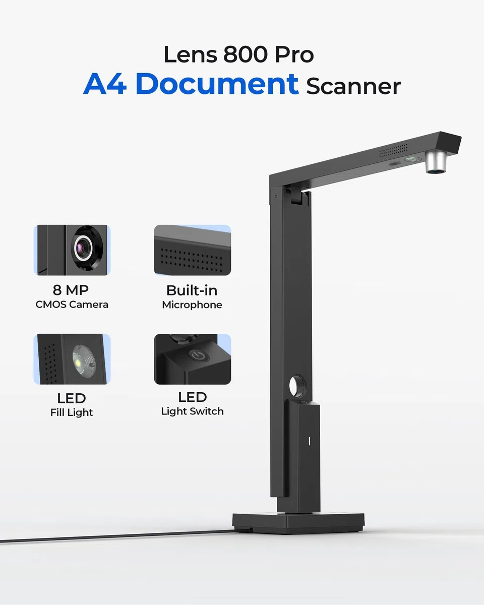 CZUR Lens 8MP tragbar Dokumentenscanner A4 Scanner mit OCR Dokumentenkamera | Faltbarer mobiler Scanner für Mac und Win, mit LED-Licht und MIC, OCR 180+ Sprache, als Webcam & Visualizer, Schnellscan A4