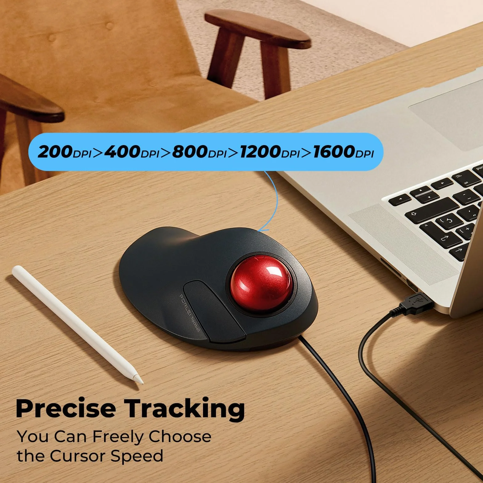 Kabelgebundene Trackball-Maus, einfache Zeigefingersteuerung, ergonomisches Komfort-Design reduziert Muskelbelastung, präzise und reibungslose Tracking, kompatibel für PC, Laptop, Windows, Mac
