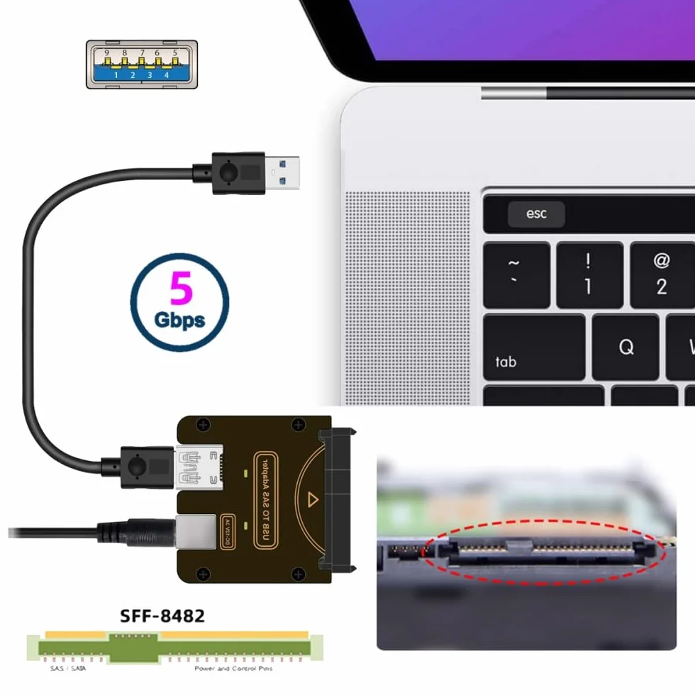 xiwai SFF-8482 SAS 29Pin auf 5 Gbit/s USB 3.0 Festplatten-RAID-Adapterkarte mit Chipsatz und Stromanschluss (benötigt 12 V/3 A Stromversorgung)