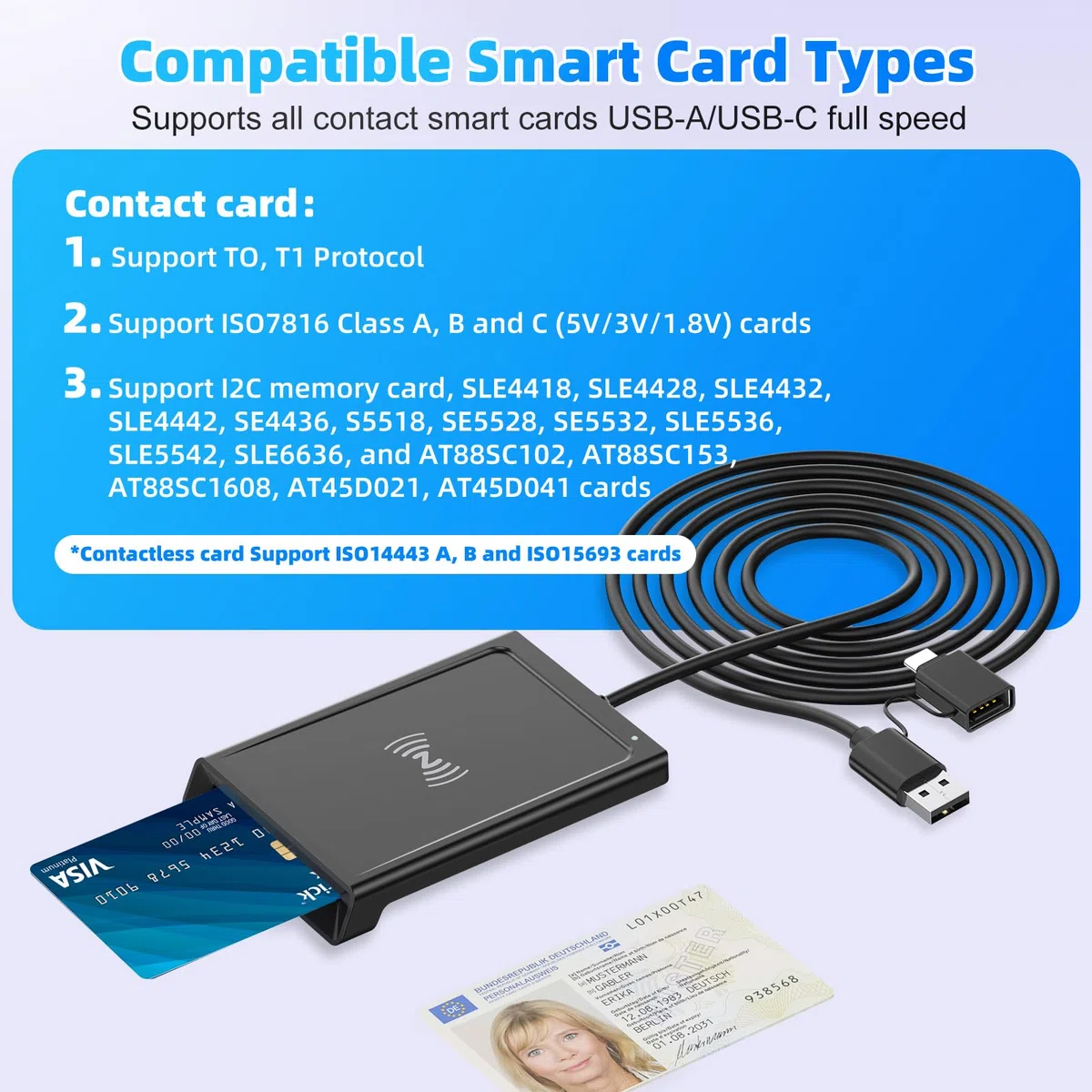 2IN1 USB-A & USB-C Chipkartenleser mit NFC, USB Smart Card Reader Kartenlesegerät DOD Military Kartenleser für den neuen Personalausweis Bankkarten kompatibel mit Windows, Linux, Android,95cm Kabel