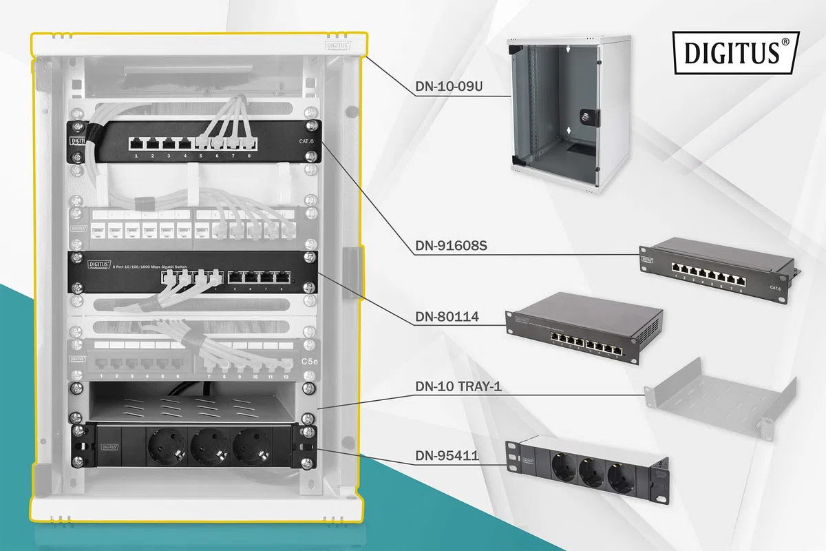 DIGITUS 10-Zoll Set - Netzwerk-Schrank 9HE Grau - Fachboden - Steckdosenleiste - 8-Port Patch-Panel - 8-Port Gigabit-Switch | Netzwerkschrank – Fachboden – Steckdosenleiste – 8-Port Patch-Panel – 8-Port Gigabit-Switch