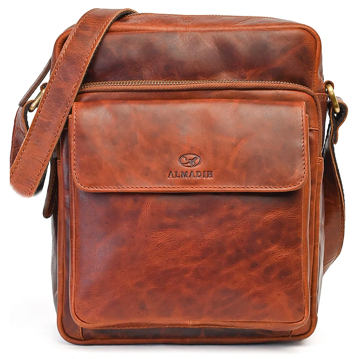 ALMADIH Leder Umhängetasche Herren perfekt für Tablet iPads 12.9 Zoll - DON braun - Kompakte echte Ledertasche für Arbeit & Alltag Messenger Schultertasche kleine Herrentasche
