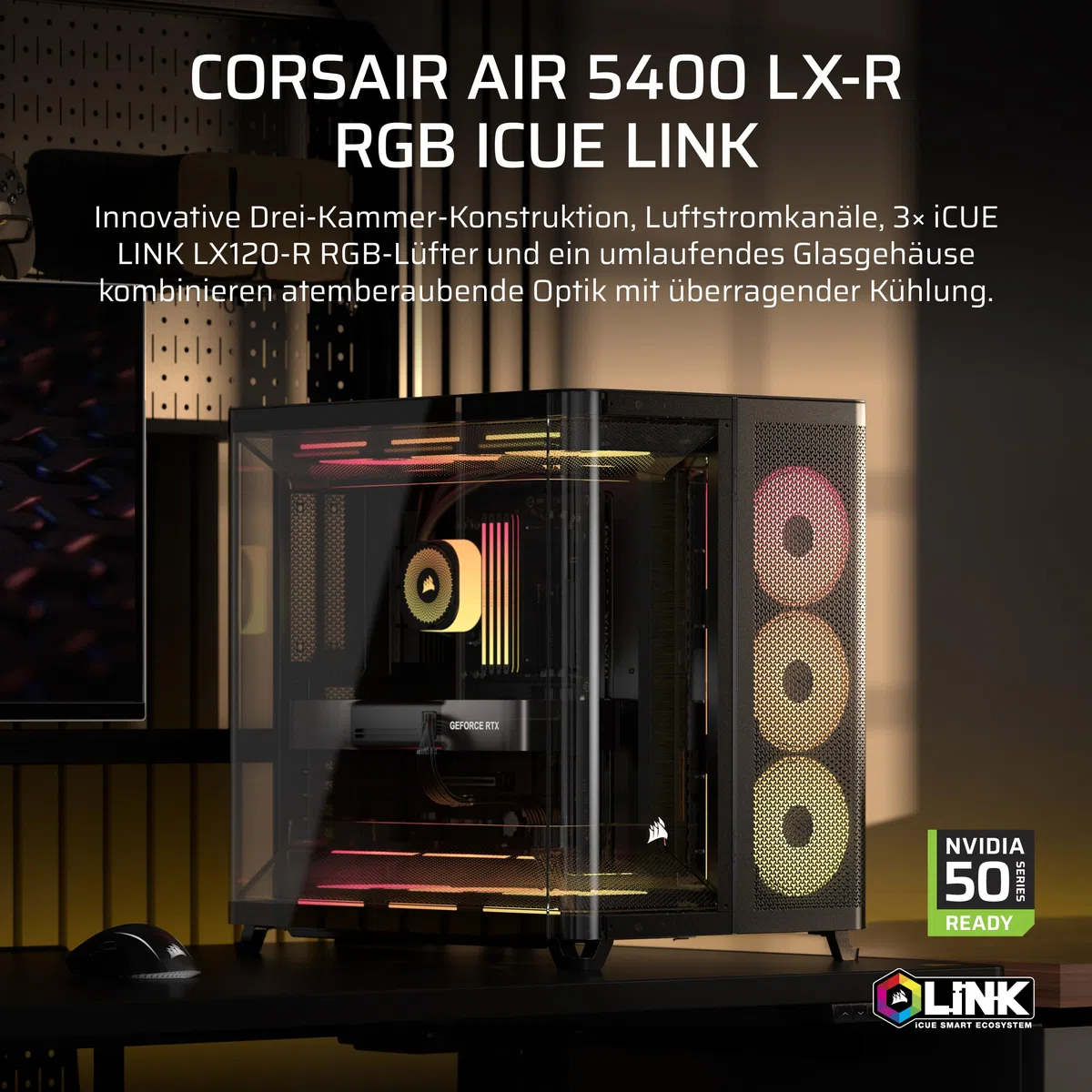 CORSAIR AIR 5400 LX-R RGB iCUE LINK Mid-Tower PC-Gehäuse – Schwarz | Dreifach-Kammer, 3x Vorinstallierte Reverse-Rotor LX-R RGB-Lüfter, Reverse Motherboard-Unterstützung