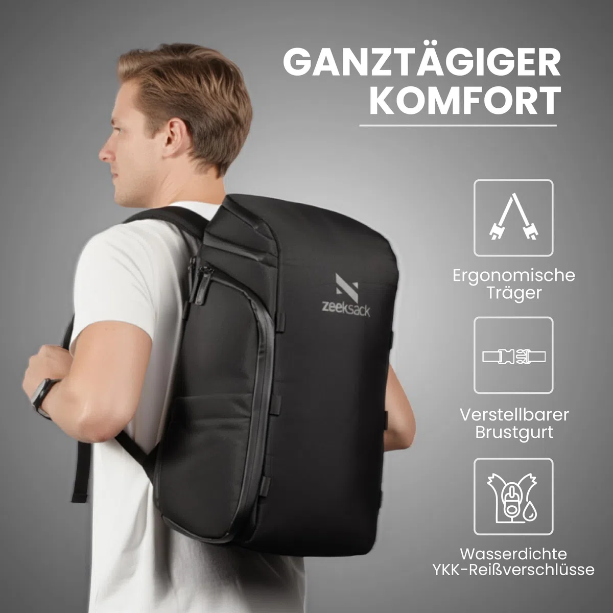 Zeeksack Rucksack Schwarz 20L - The Organizer Backpack & Reiserucksack mit Laptopfach, herausnehmbaren Trennern & Smart Pockets - Handgepäck-Rucksack fürs Flugzeug, Arbeit, Fitness & Wochenendtrips