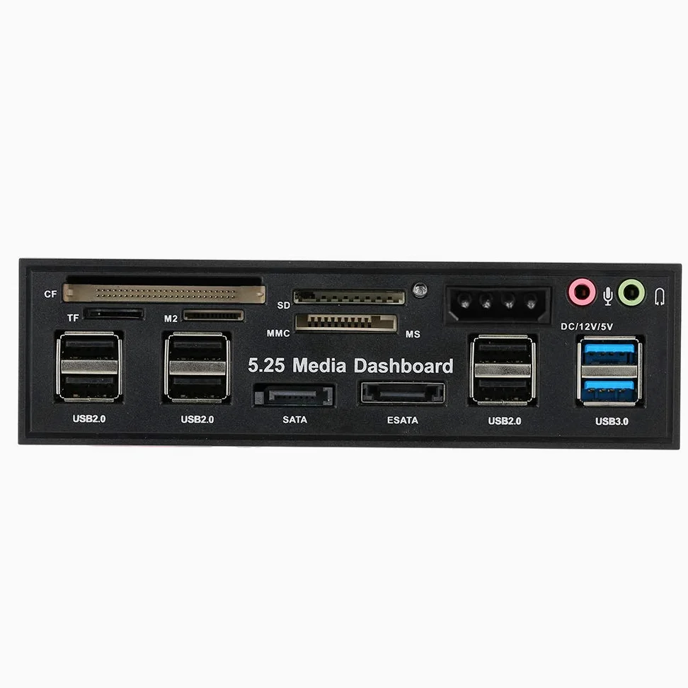 ACAGALA Multifunktions-USB 3.0 Hub eSATA SATA Port Interner Kartenleser PC Armaturenbrett Medien Vorderseite Audio für SD MS CF TF M2 MMC Speicherkarten Passend für 5,25 Zoll Bay