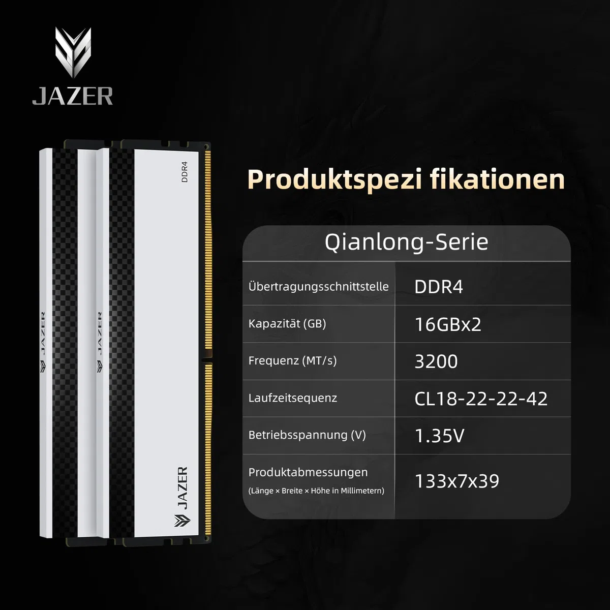 JAZER DDR4 RAM 32GB (2x16GB) 3200MHz Desktop Hochleistungs Memory | CL18, XMP 2.0 Übertaktung, 1.35V UDIMM Arbeitsspeicher,Weiß