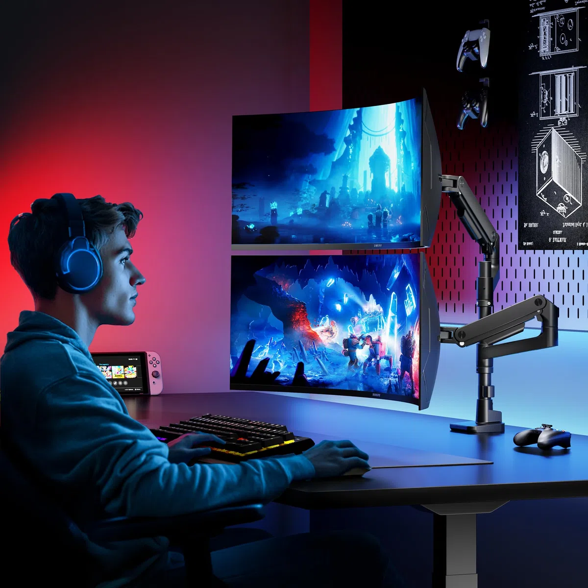 ARES WING Monitor Halterung 2 Monitore für 17-49 Zoll Bildschirme, Bildschirmhalterung Gasfeder，Monitor Arm Tragfähigkeit Max 20 kg/arm, VESA 75/100，Schwarz