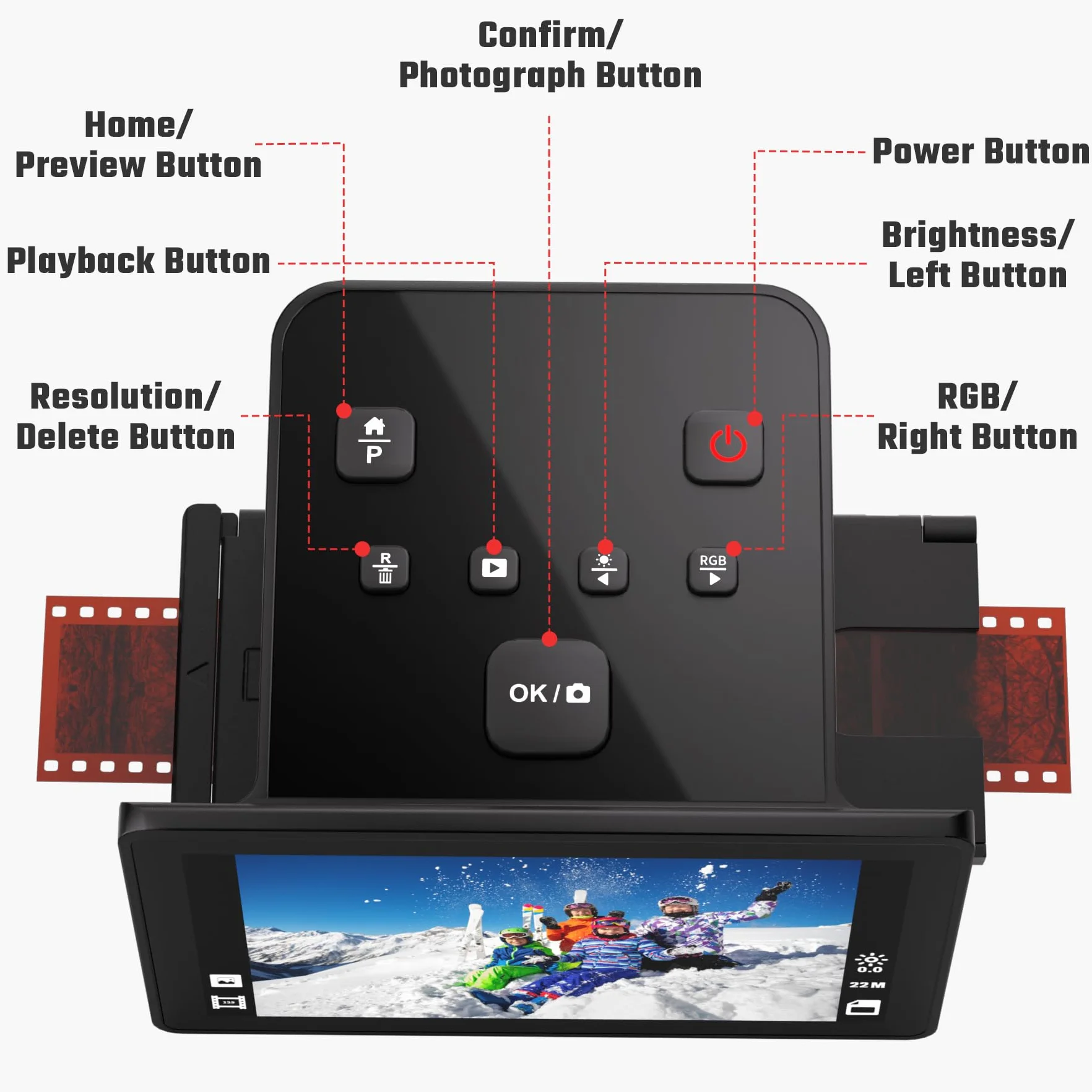 Digitaler Film- und Diascanner mit großem 5-Zoll-LCD-Display, Negativscanner und Dia Scanner zum Digitalisieren, konvertiert 135, 126 KPK, 110 Negative und Super 8-Film in 22 MP JPEG.