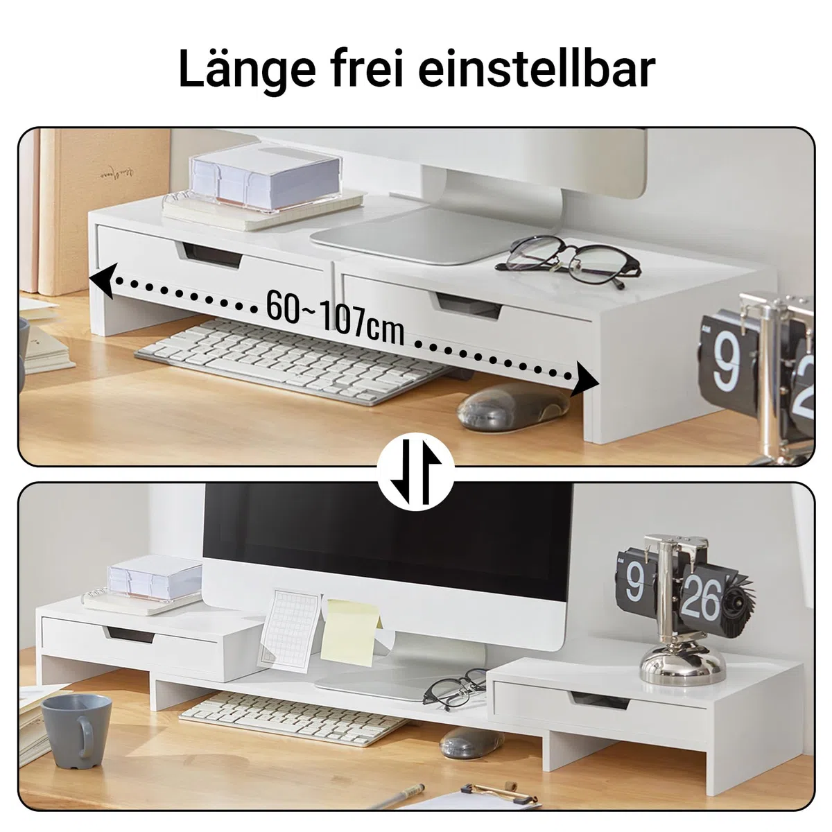 SoBuy Breitenverstellbarer Monitorständer mit 2 Schubladen, Schreibtisch Organizer, Bildschirmständer für 2 Monitore, Monitorerhöhung für Schreibtisch, Büro Organizer, Weiß, 60–107x11x22cm BBF04-W