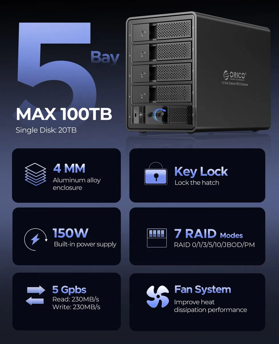 ORICO RAID 5 Bay Festplattengehäuse,USB 3.0 zu SATA Revision 3.0 Externes HDD Gehäuse für 3,5 Zoll HDD/SSD Festplatten,Unterstützt RAID 0/1/5/10, Max 80TB(9558RU3)