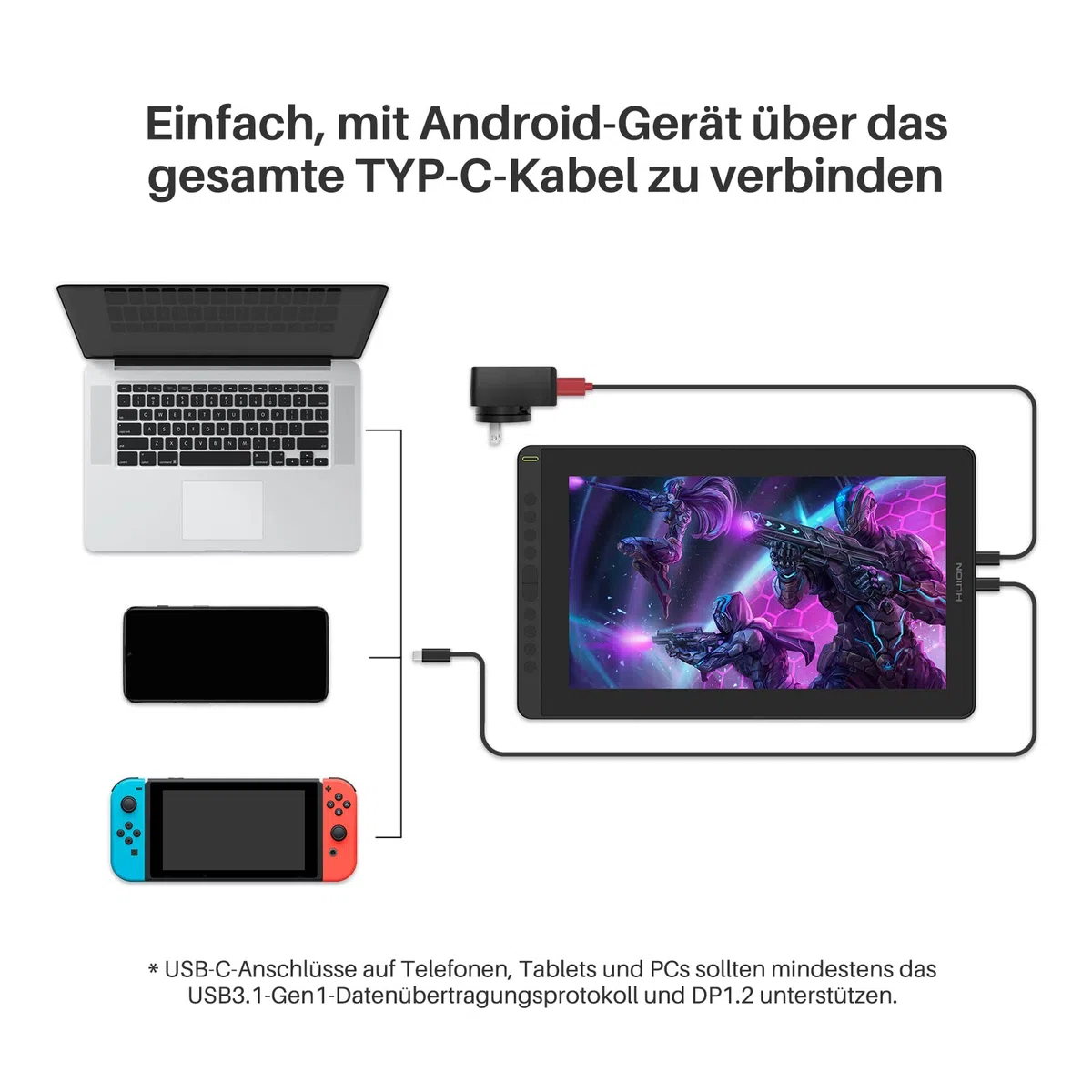 HUION Kamvas 16 Grafiktablett mit Display,15,6-Zoll Volllaminatbildschirm Pen Display, 10 programmierbare Drucktasten, 8192 Stufen Batterieloser Stift, unterstützt die Konnektivität mit Android