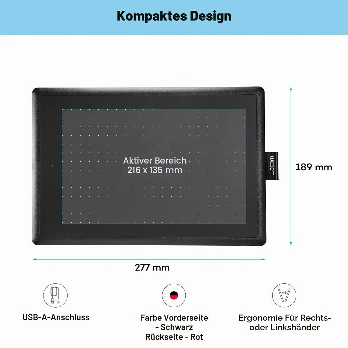 One by Wacom Stifttablett mit drucksensitivem Stift, geeignet für Windows, Mac & Chromebook, Medium, schwarz/rot
