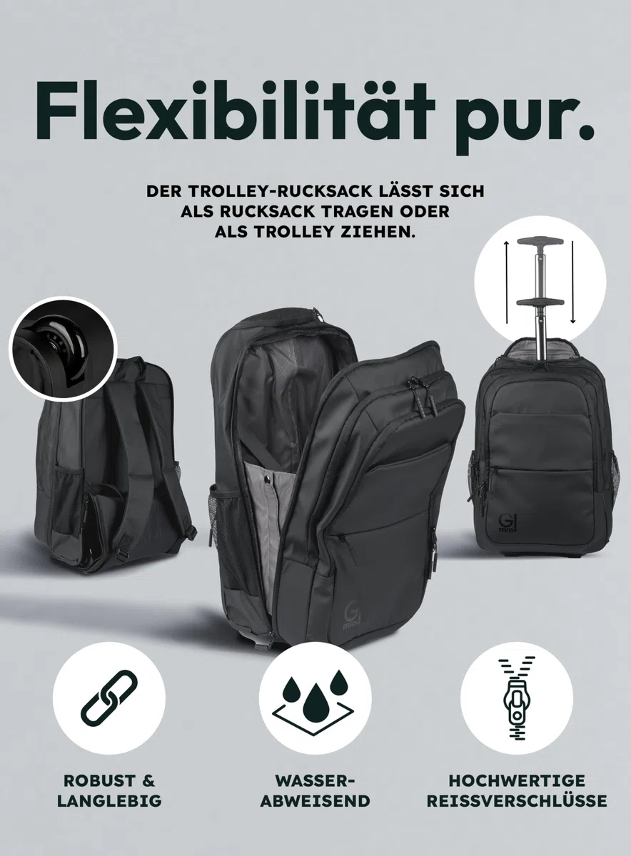 Trolley-Rucksack - Business Laptop- & Tablet-Trolley - Reiserucksack & Handgepäck - wasserabweisend & robust - viele Fächer mit Hauptfach für Kleidung - für Arbeit, Schule, Reisen & Uni