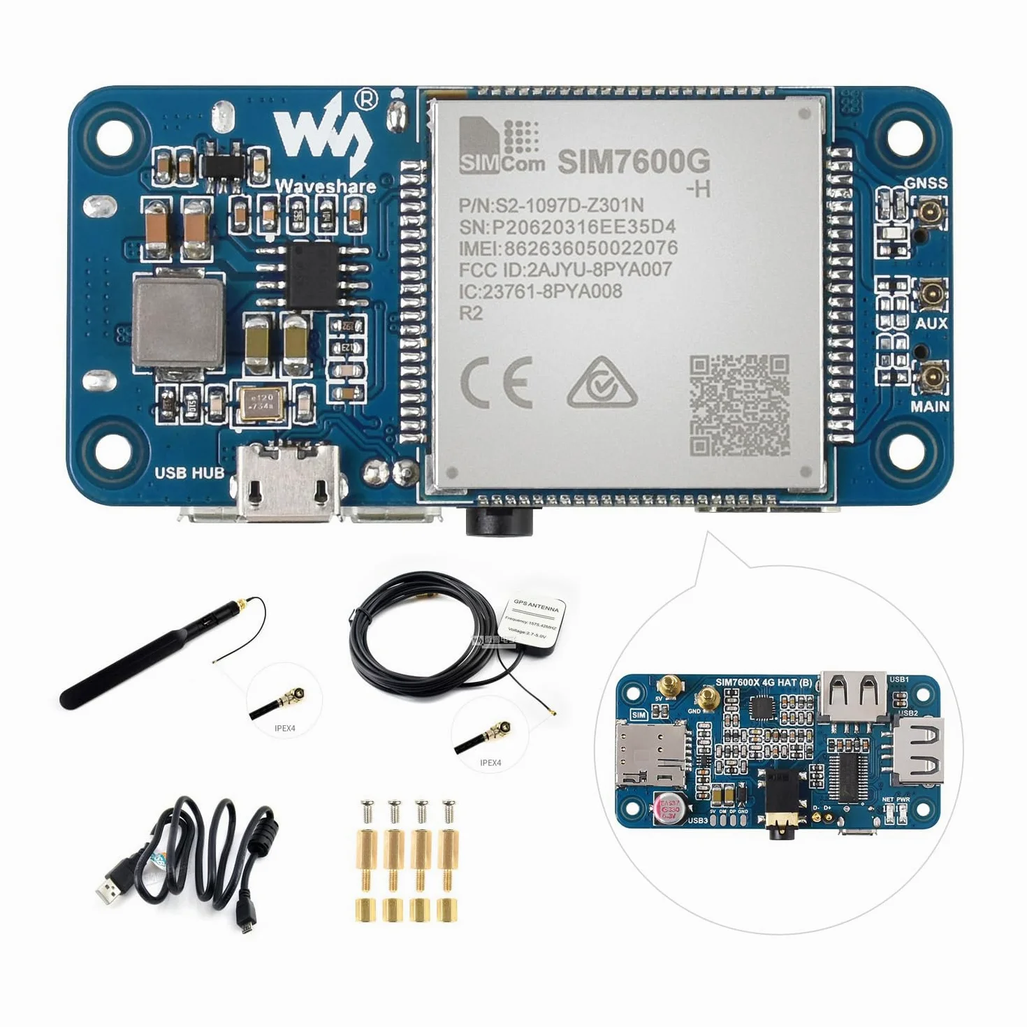 Waveshare SIM7600G-H 4G HAT (B) for Raspberry Pi Supports LTE Cat-4 4G/3G/2G GNSS Positioning Global Band
