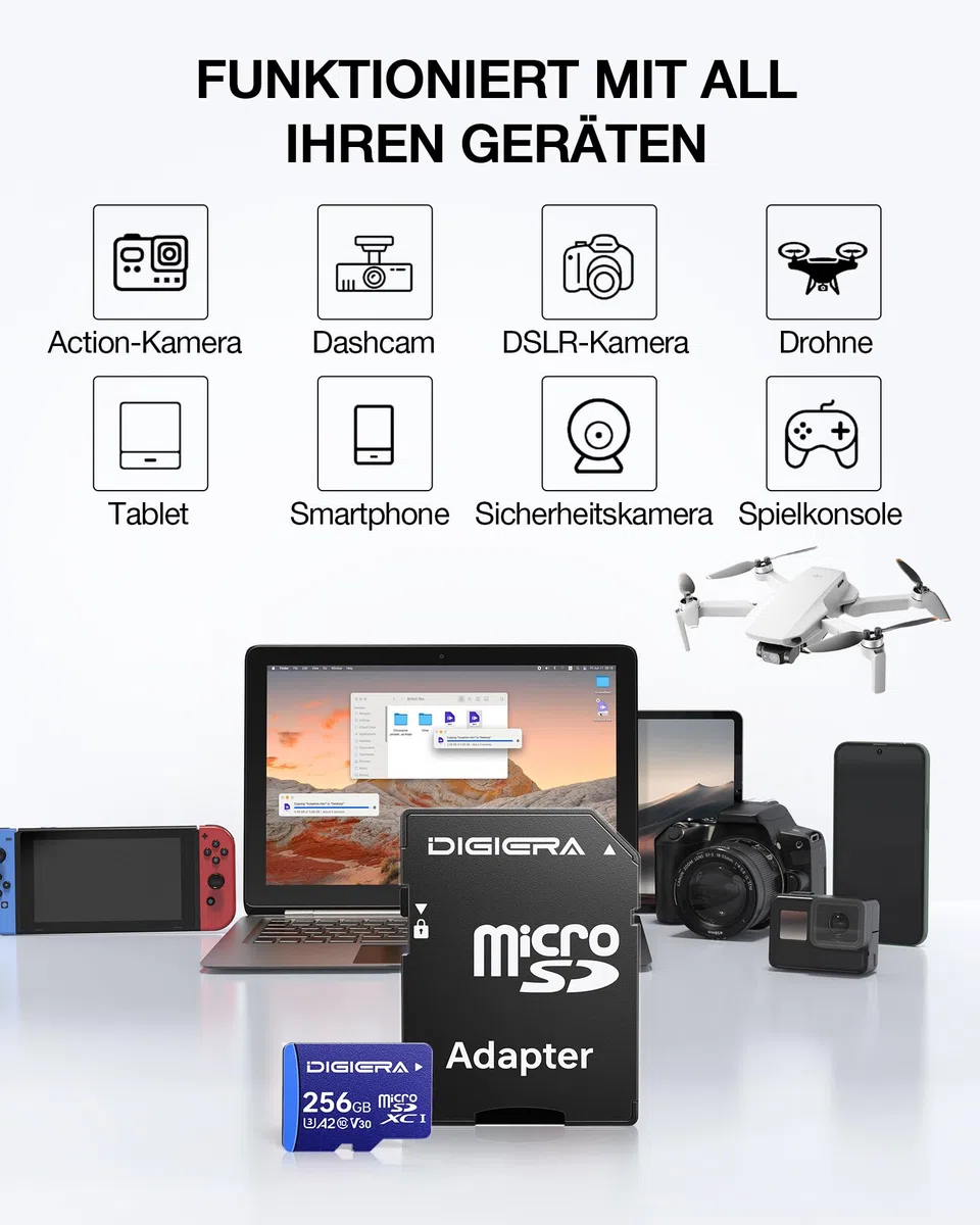 256 GB LT100 microSDXC UHS-I Speicherkarte mit Adapter - bis zu 170 MB/s, C10, U3, V30, Full HD, A2, Micro-SD-Karte für Smartphones, Tablets, Kameras, Spielekonsolen und Drohnen (1 Stück)