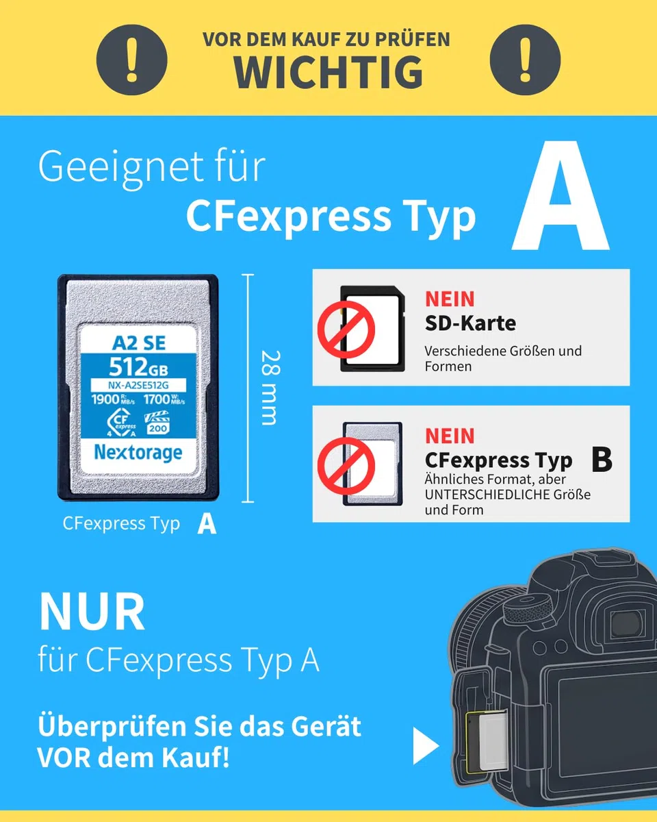 Nextorage CFexpress Typ A Karte 512GB, VPG200 japanische speicherkarte datenspeicher CF Express Type A Card, Kamera Zubehör für Sony/Fujifilm, A2SE NX-A2SE512G