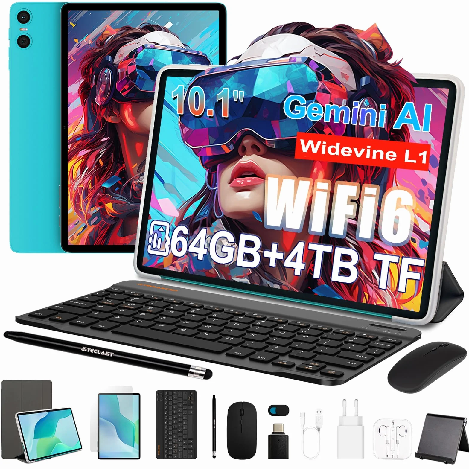 TECLAST P33 Tablet 10.1 Zoll Android Tablets mit 10 Zubehörteile, Gemini AI, 64GB ROM + 4TB TF, 5G WiFi, Widevine L1, Octa-Core, 6000mAh/OTG, Tablet mit Tastatur+Hülle+Stift+Maus+3.5MM Kopfhörer, 2026