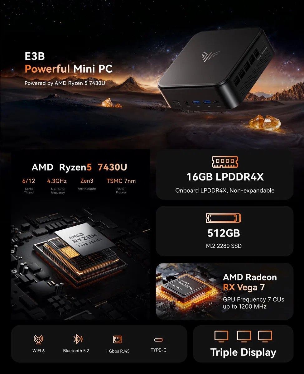NiPoGi E3B Mini PC AMD Ryzen 5 7430U(Bis zu 4,3GHz) 16GB LPDDR4 512GB SSD mit AMD Radeon Graphics Micro Desktop Computer Für Büro/Heimkino/Meeting/Business/Trip |WiFi 6|BT 5.2|USB3.2