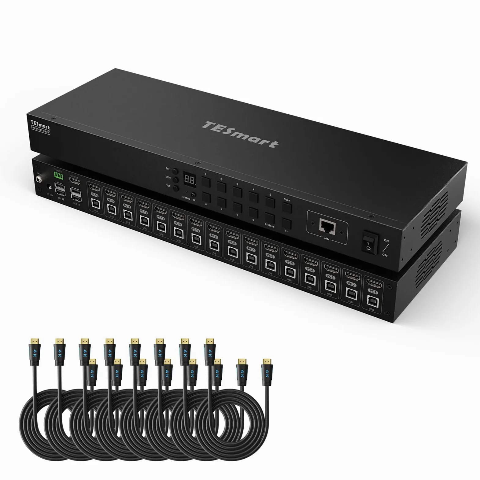 TESmart 16x1 HDMI KVM Switch 16 PC 1 Monitor, 4K@30Hz 16 Port KVM-Switch, Eingangskontrolle bis zu 16 Computer/Server, EDID, HDCP 1.4, USB RS232 IR LAN Hotkey Umschalter, mit 8x 1.5m Kabel, Rack Mount