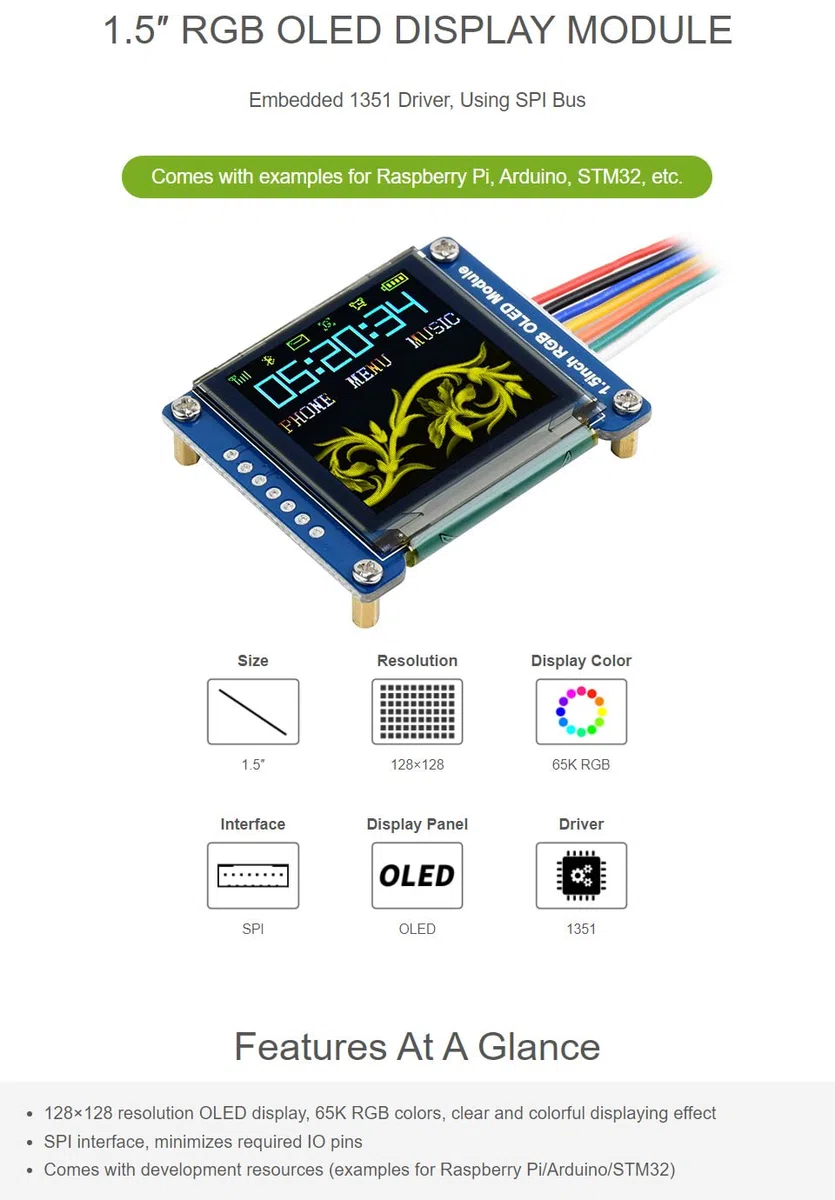 Waveshare 1.5inch RGB OLED Display Module 128x128 16-bit SPI