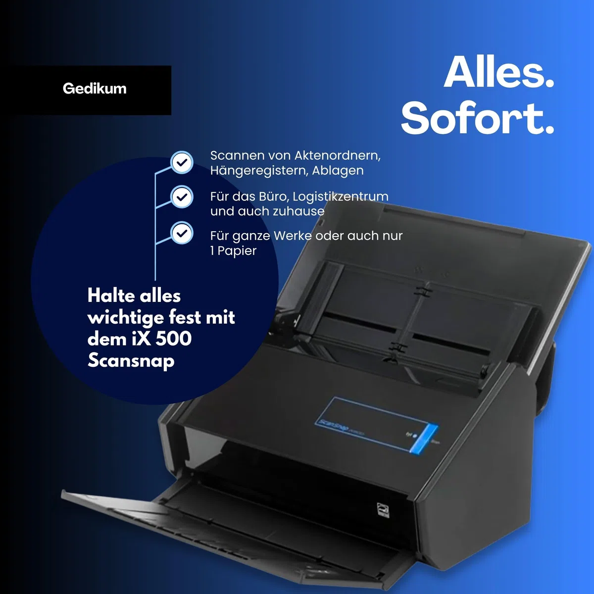 Gedikum Fujitsu IX500 ScanSnap USB High-Speed Cloud-fähiger Scanner für Dokumente, Fotos und Belege für Mac & PC – ADF mit Duplex-Scan-(Generalüberholt)