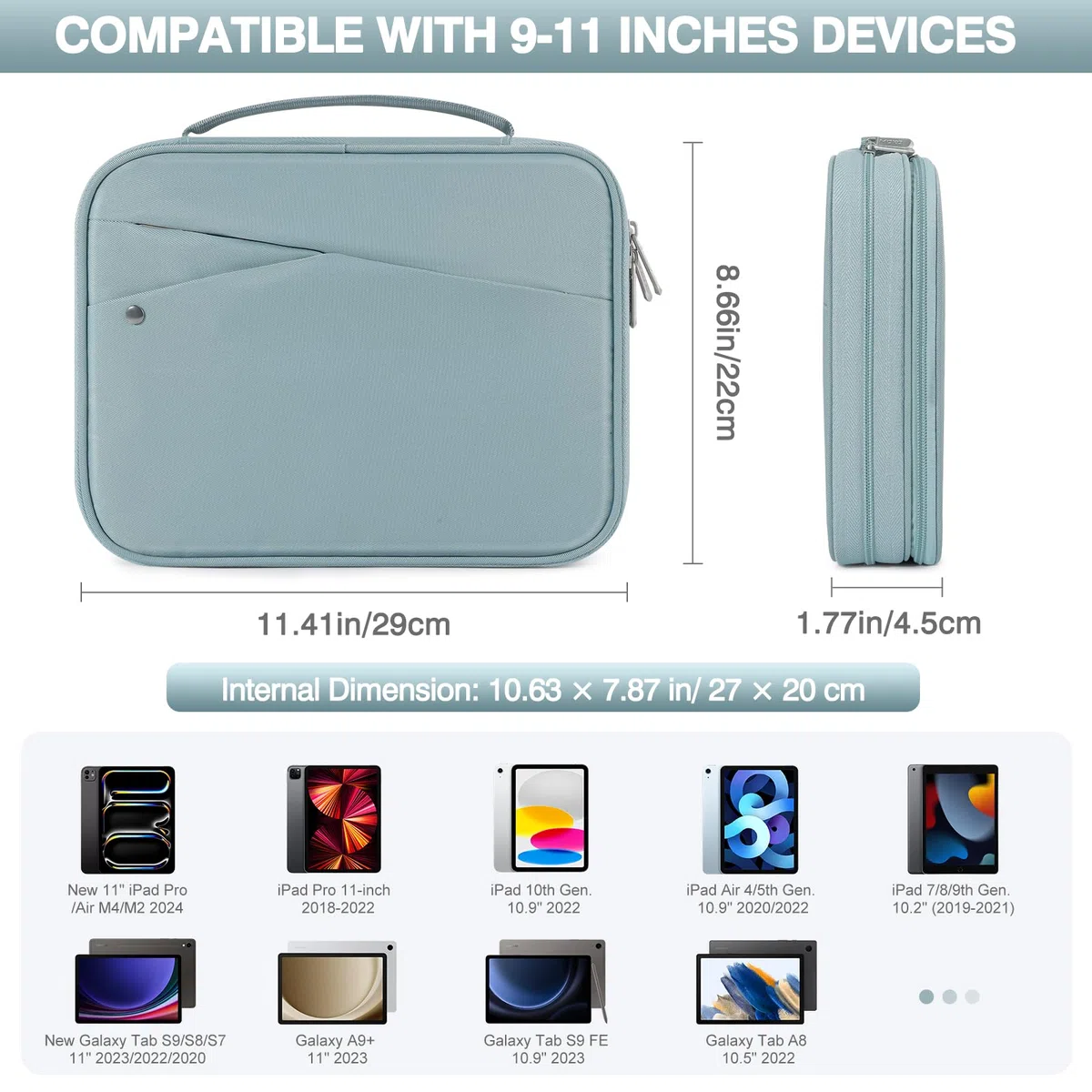 MoKo 9-11 Zoll Laptop-Taschen für Tablets iPad Pro M4 & Air M2 2024, iPad 10th Gen 10,9, 9/8. 10,2, iPadAir 5/4th 10,9, Zweischichtige i-Pad Tasche mit rutschfestem Tragegriff, trübes Blau