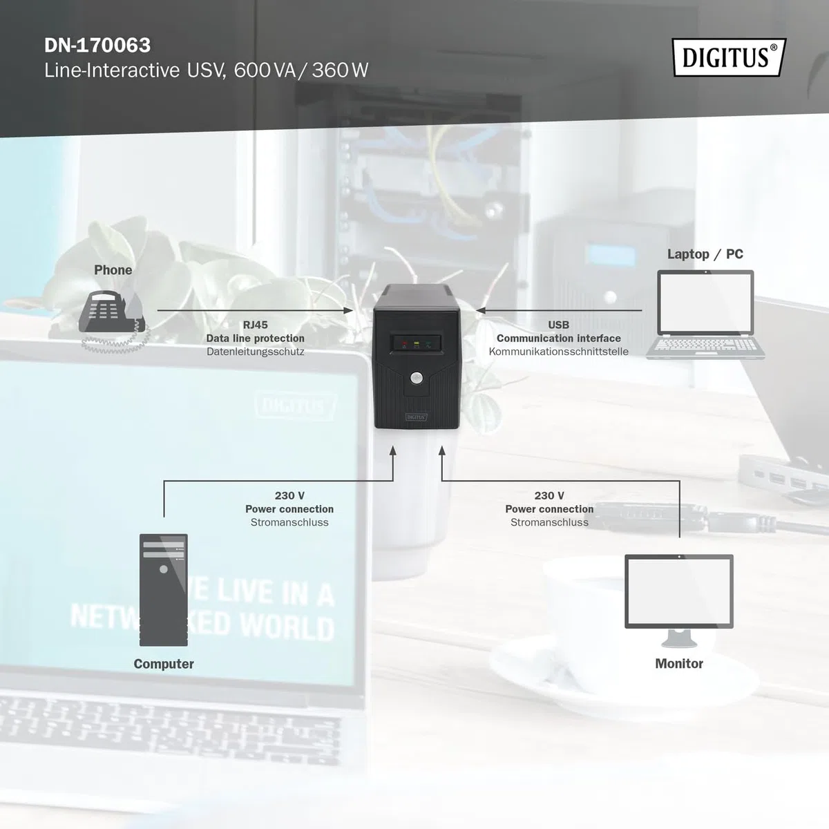 DIGITUS Line-Interactive VI USV - 600VA / 360W - AVR - 2 Schutzkontakt-Steckdosen - Shutdown-Software USB/RS232/RJ11