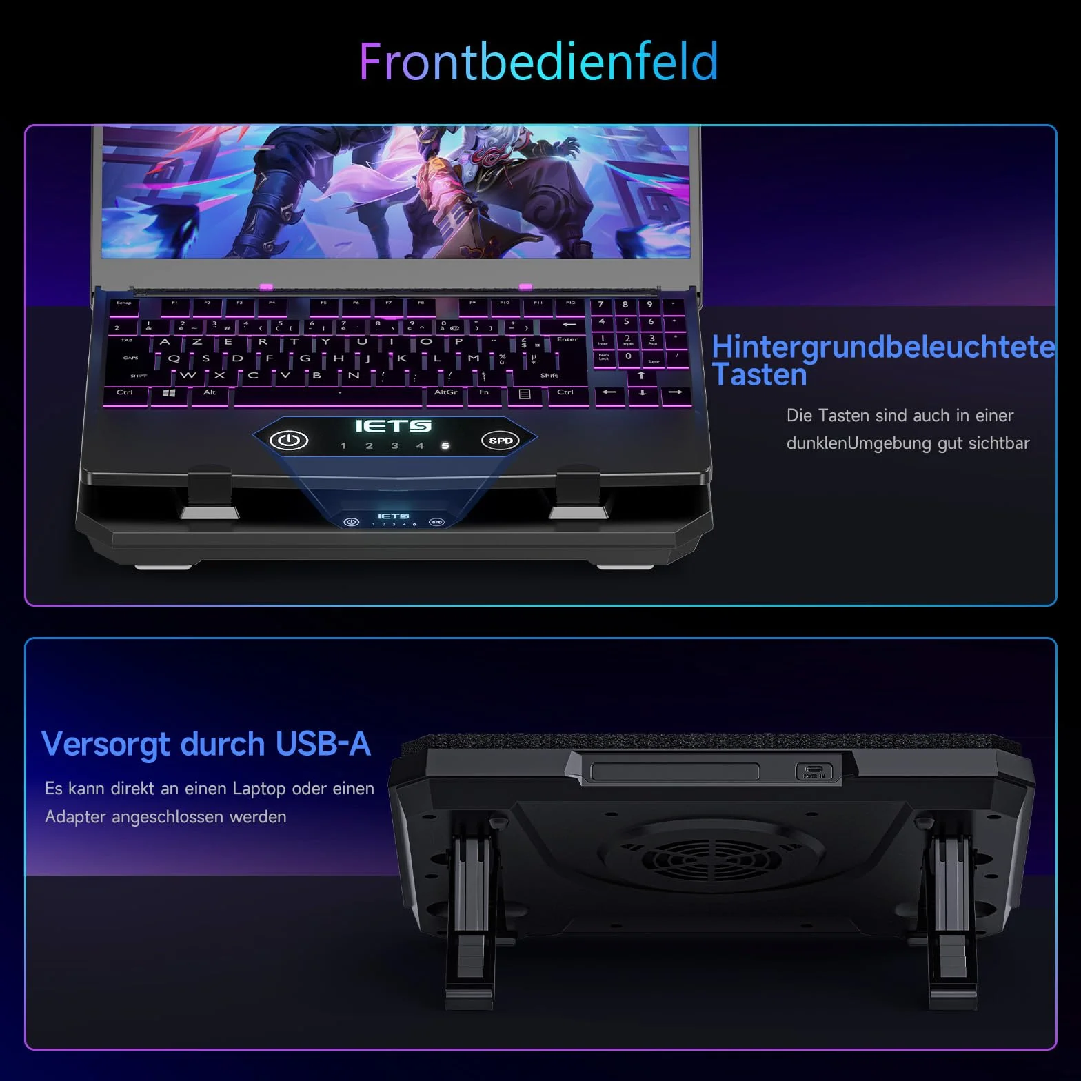 IETS GT300 Verbessertes Laptop-Kühlpad mit verstellbarem Ständer, Turbo-Kühler für schnelle Kühlung, 10-17 Zoll Gaming-Laptop, Flexibler Dichtungsring, mit Verstellbarer Luftfilterklemme (GT300B0)