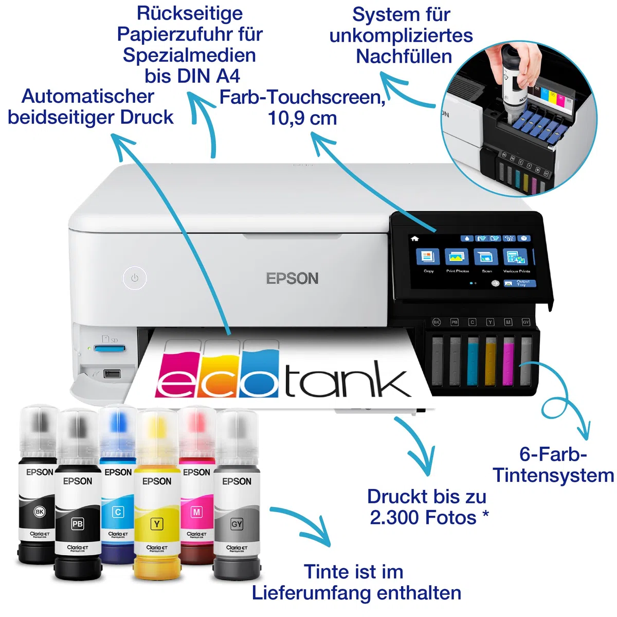 Epson EcoTank ET-8500 Tintentankdrucker | Fotodruck | 6-Farb-Tintensystem | WLAN | A4 | Drucken, Kopieren, Scannen | 10.9 cm Touchscreen | Duplexdruck | hinterer Papiereinzug